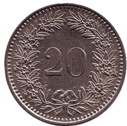Монета 20 раппенов. 1983 год, Швейцария.