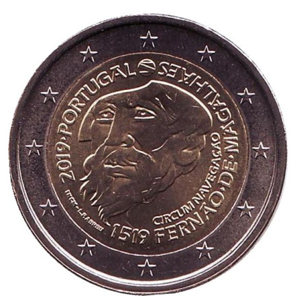 Монета 2 евро. 2019 год, Португалия. 500 лет кругосветному плаванию Фернана Магеллана.