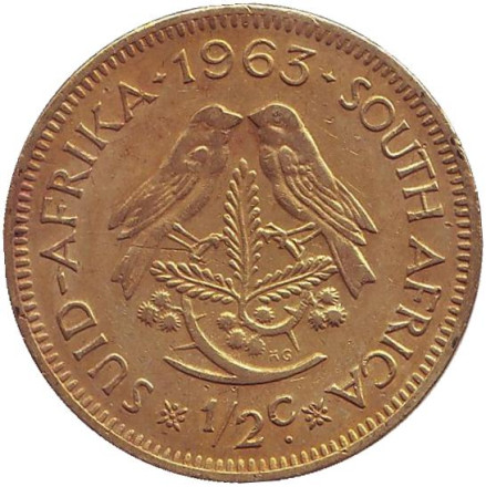 Монета 1/2 цента. 1963 год, ЮАР. Воробьи.