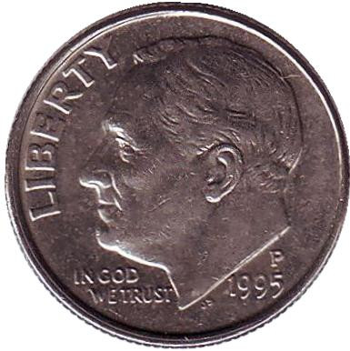 Монета 10 центов. 1995 (P) год, США. Рузвельт.