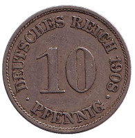 Монета 10 пфеннигов. 1908 год (A), Германская империя.