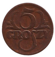 Монета 5 грошей. 1925 год, Польша. Монета 5 грошей. 1925 год, Польша.