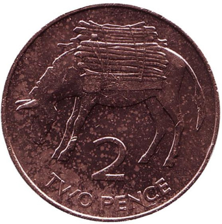 Монета 2 пенса. 1991 год, Острова Святой Елены и Вознесения. Ослик.