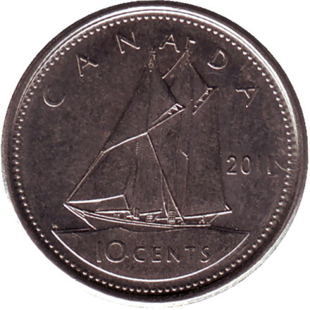 Монета 10 центов 2011 год Канада. Парусник.