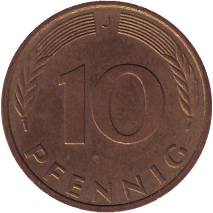 Монета 10 пфеннигов. 1987 год (J), ФРГ. Дубовые листья.