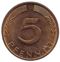 Дубовые листья. Монета 5 пфеннигов. 1973 год (G), ФРГ. 