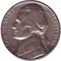 Джефферсон. Монтичелло. Монета 5 центов. 1956 год, США.