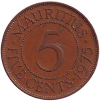Монета 5 центов. 1975 год, Маврикий.