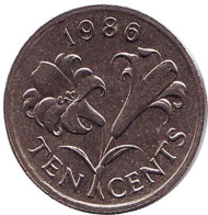 Монета 10 центов. 1986 год, Бермудские острова. Бермудская лилия. Монета 10 центов. 1986 год, Бермудские острова. Бермудская лилия.