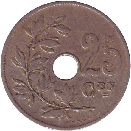 Монета 25 сантимов. 1908 год, Бельгия. (Belgie)