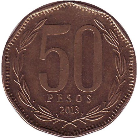 Монета 50 песо. 2013 год, Чили. Бернардо О’Хиггинс. Монета 50 песо. 2013 год, Чили. Бернардо О’Хиггинс.