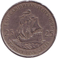 Галеон "Золотая лань" сэра Френсиса Дрейка. Монета 25 центов. 1995 год, Восточно-Карибские государства. 