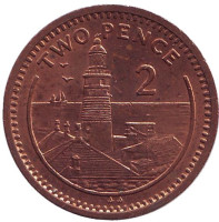 Маяк. Монета 2 пенса. 1992 год, Гибралтар. 