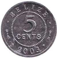 Монета 5 центов. 2003 год, Белиз.