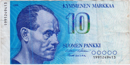 Банкнота 10 марок. 1986 год, Финляндия. Пааво Нурми. (Замещение).