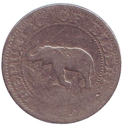 Монета 5 центов. 1960 год, Либерия. Слон. Корабль.