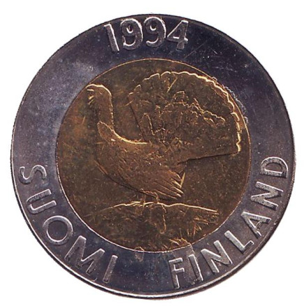 Монета 10 марок. 1994 год, Финляндия. UNC. Глухарь.