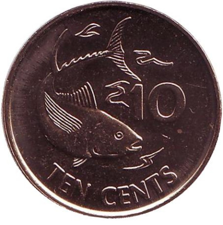 Монета 10 центов. 2012 год, Сейшельские острова. Желтопёрый тунец.