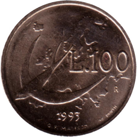Монета 100 лир. 1993 год, Сан-Марино. Полет ласточки на Европой.