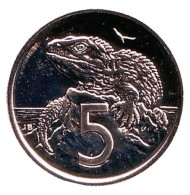 Монета 5 центов. 1984 год, Новая Зеландия. BU. Гаттерия. Монета 5 центов. 1984 год, Новая Зеландия. BU. Гаттерия.