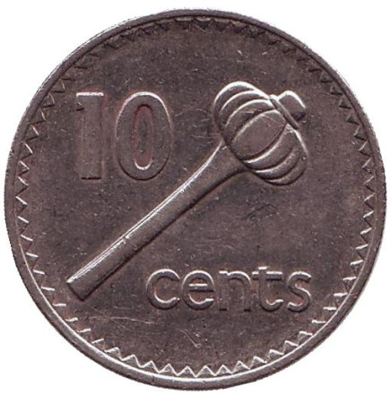 Монета 10 центов. 1995 год, Фиджи. Метательная дубинка - ула тава тава.