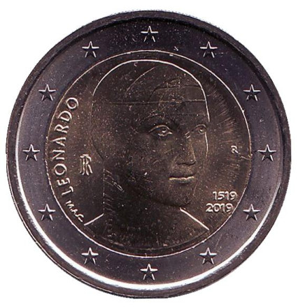 Монета 2 евро. 2019 год, Италия. 500 лет со дня смерти Леонардо да Винчи.