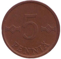 Монета 5 пенни. 1967 год, Финляндия.