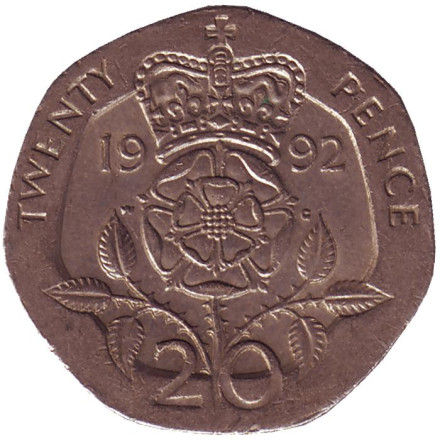 Монета 20 пенсов. 1992 год, Великобритания.