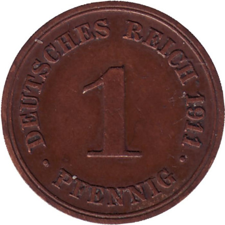 Монета 1 пфенниг. 1911 год (G), Германская империя.