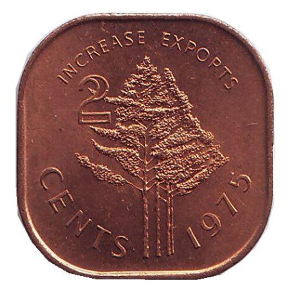 Монета 2 цента. 1975 год, Свазиленд. FAO. Деревья.
