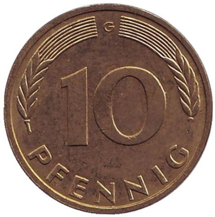 Монета 10 пфеннигов. 1991 год (G), ФРГ. Дубовые листья.