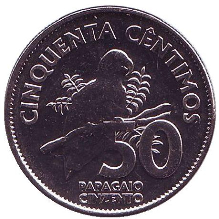 Монета 50 сантимов. 2017 год, Сан-Томе и Принсипи. Серый попугай.