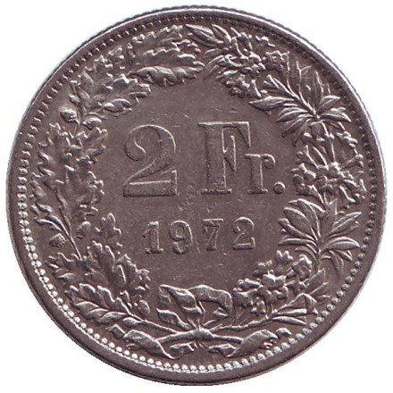 Монета 2 франка. 1972 год, Швейцария. Гельвеция.