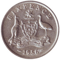 Монета 6 пенсов. 1956 год, Австралия.