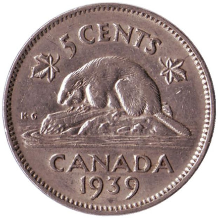 Монета 5 центов, 1939 год, Канада. Бобр.