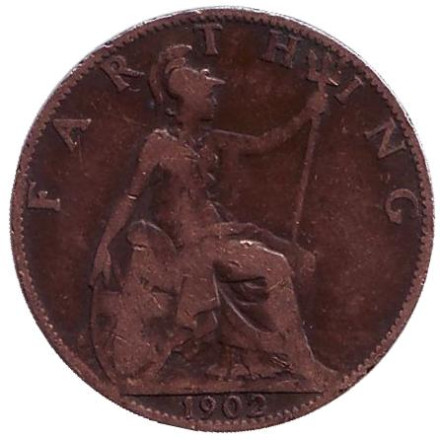 Монета 1 фартинг. 1902 год, Великобритания.