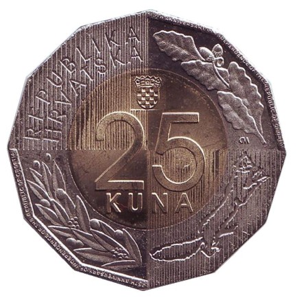 Монета 25 кун. 2016 год, Хорватия. 25 лет Независимости. Монета 25 кун. 2016 год, Хорватия. 25 лет Независимости.