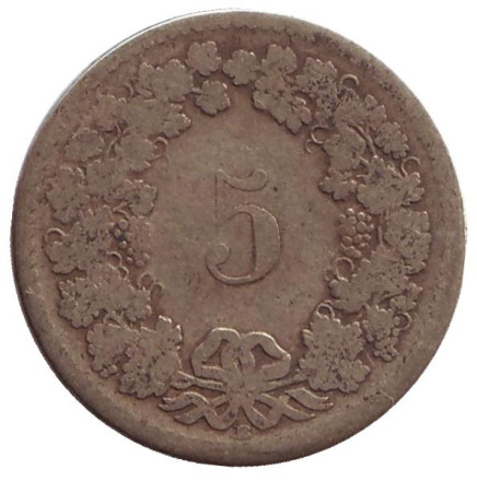 Монета 5 раппенов. 1850 год, Швейцария.