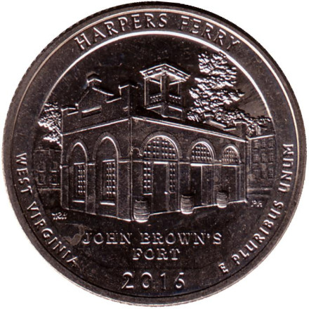 Монета 25 центов (S). 2016 год, США. Национальный исторический парк Харперс Ферри. Парк № 33.