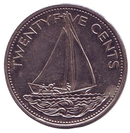 Монета 25 центов. 2005 год, Багамские острова. Парусник.