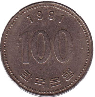 Монета 100 вон. 1991 год, Южная Корея.
