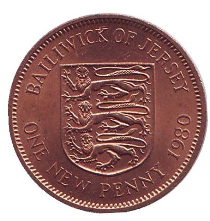 Монета 1 новый пенни. 1980 год, Джерси. aUNC. Герб Джерси.