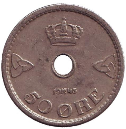 Монета 50 эре. 1945 год, Норвегия.