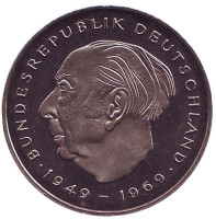 Теодор Хойс. Монета 2 марки. 1982 год (J), ФРГ. UNC.