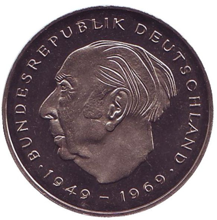 Монета 2 марки. 1982 год (J), ФРГ. UNC. Теодор Хойс.
