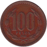 Монета 100 песо. 1981 год, Чили.