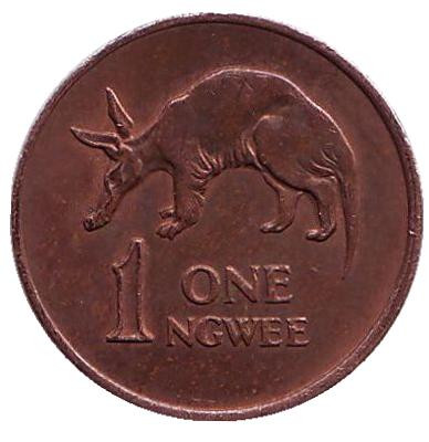 Монета 1 нгве. 1978 год, Замбия. Трубкозуб. (Аардварк).