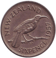 Монета 6 пенсов. 1957 год, Новая Зеландия. Гуйя. Монета 6 пенсов. 1957 год, Новая Зеландия. Гуйя.