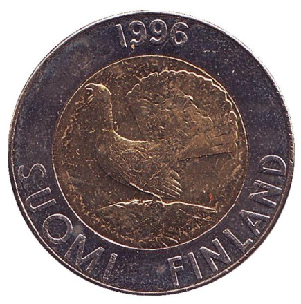 Монета 10 марок. 1996 год, Финляндия. UNC. Глухарь.