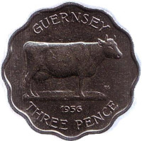 Корова. Монета 3 пенса. 1956 год, Гернси.